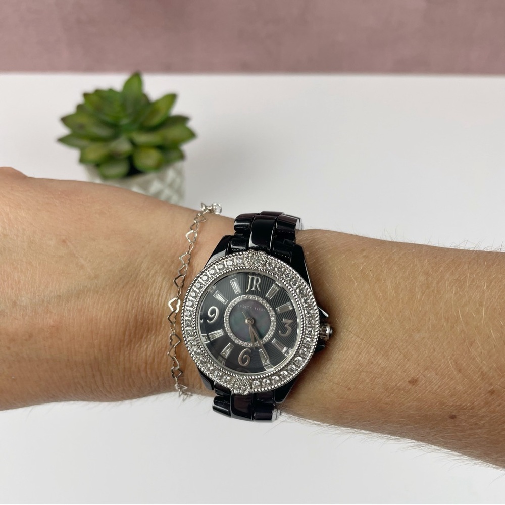 Judith Ripka Black Silver Swiss Part Movement Heart Diamonique CZ Watch